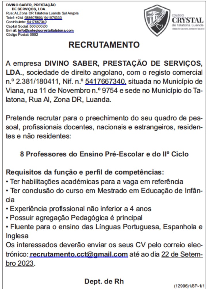 Vaga para 8 Professores do Ensino Pré-Escolar e do II° Ciclo 