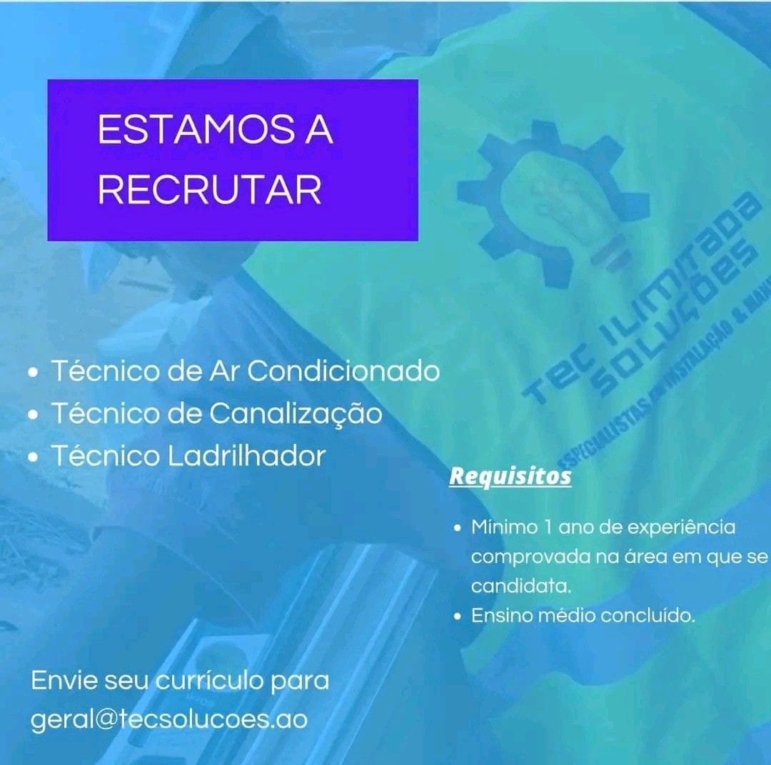 VAGA PARA TÉCNICO DE AR CONDICIONADO, TÉCNICO DE CANALIZAÇÃO & LADRILHADOR