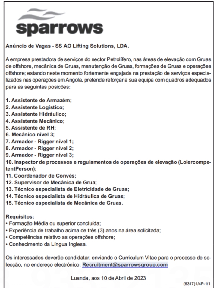 QUINZE (15) VAGAS DE EMPREGO ABERTAS NA SPARROWS