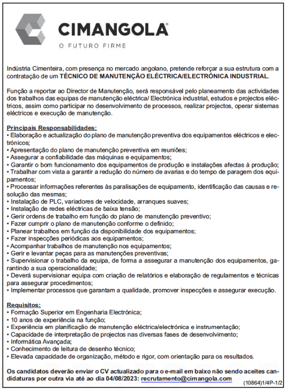 Vaga para Técnico de Manutenção Eléctrica/Electrónica Industrial