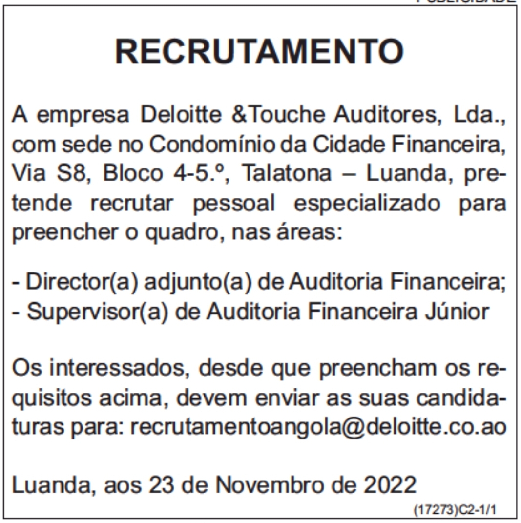 Vaga Nas Áreas De  Director(a) Adjunto(a) De Auditoria Financeira E  Supervisor(a) De Auditoria Financeira Júnior