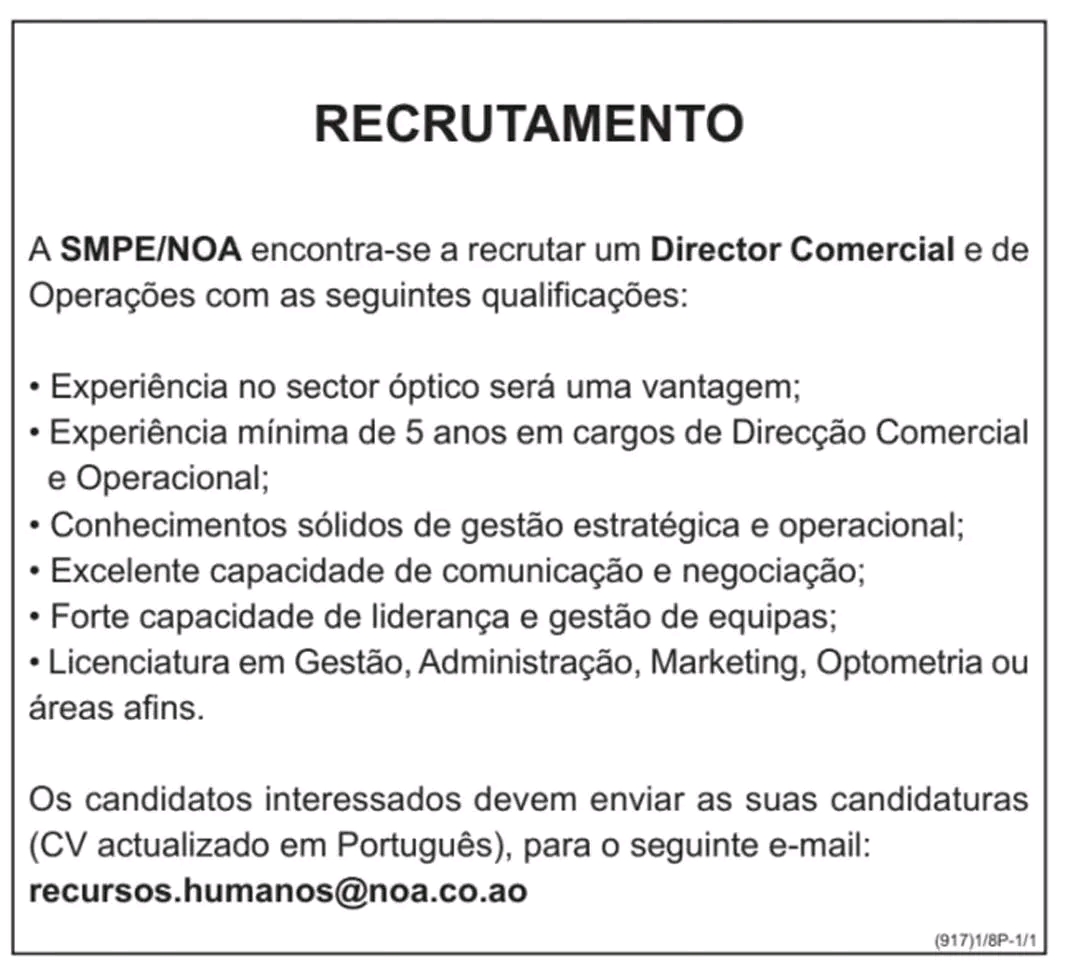 Vaga para Director Comercial e de Operações