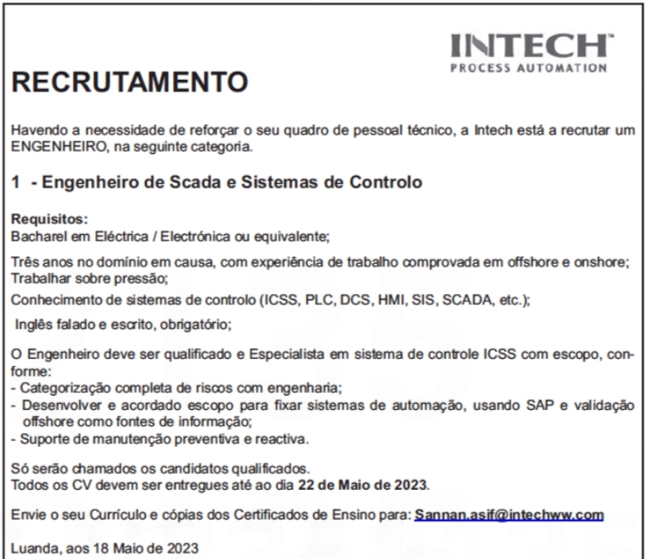 Vaga para Engenheiro de Scada e Sistemas de Controlo 