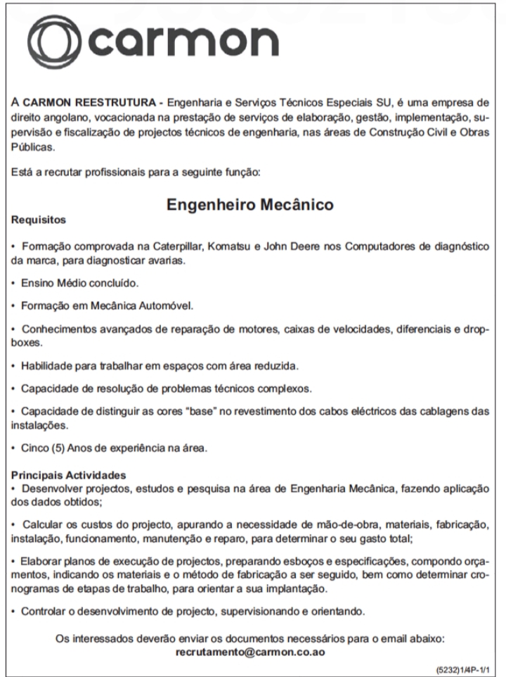 VAGA PARA ENGENHEIRO MECÂNICO