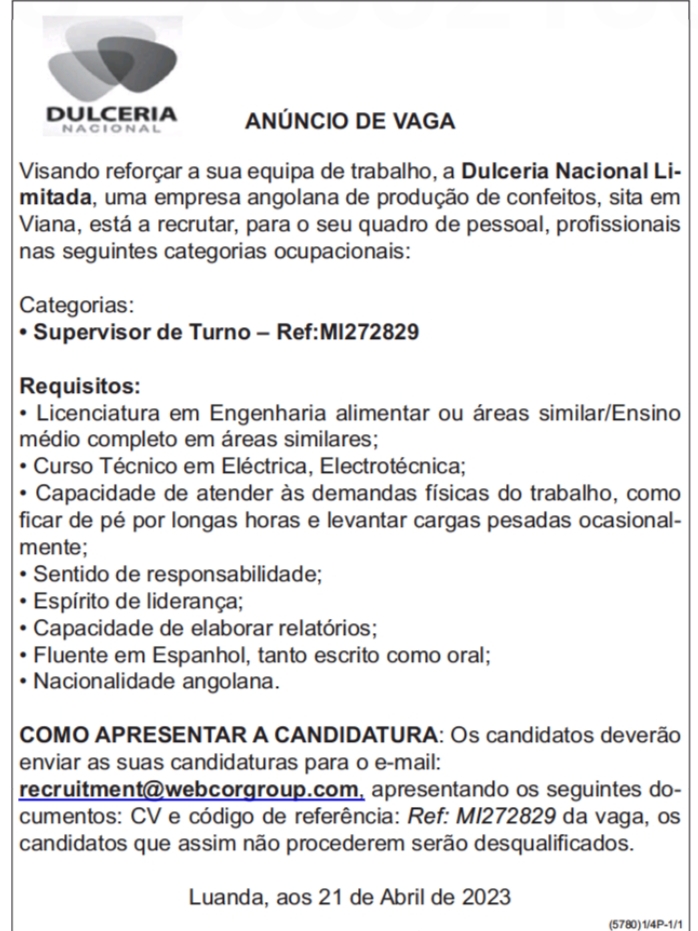 Vaga para Supervisor de Turno