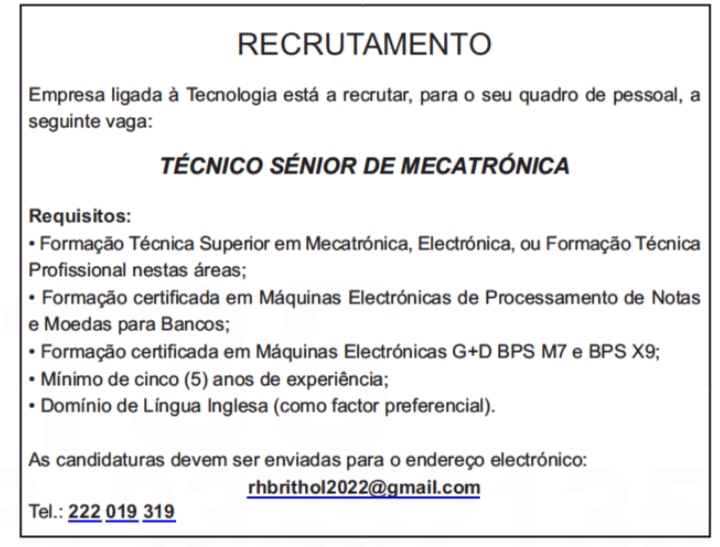 VAGA PARA TÉCNICO SÉNIOR DE MECATRÓNICA 
