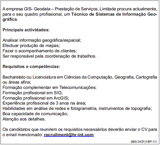 Vaga Para Um (1)  Técnico De Sistemas De Informação Geográfica