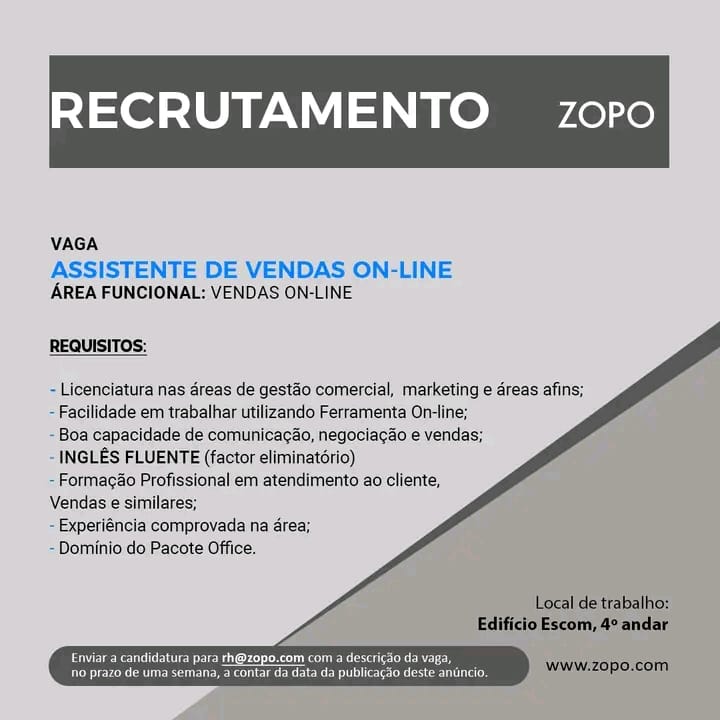 VAGA PARA ASSISTENTE DE VENDAS ONLINE 