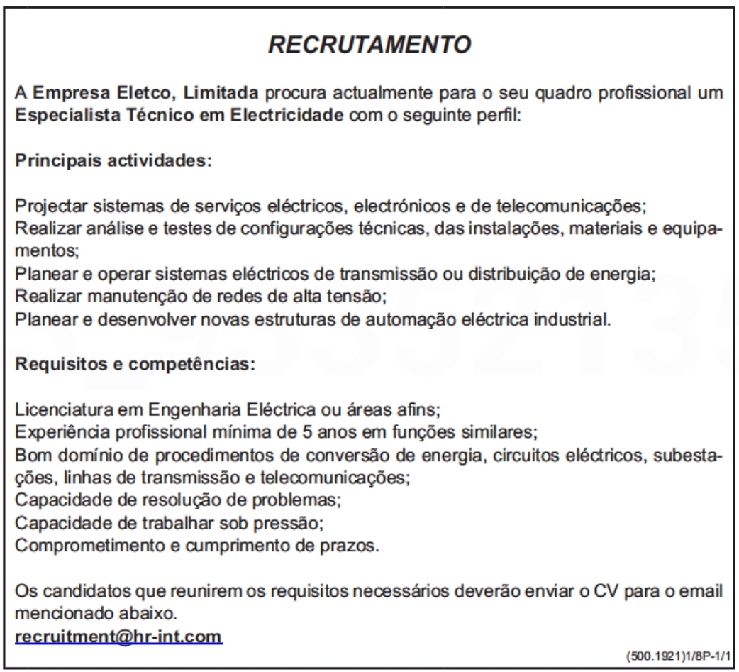 Vaga para Especialista Técnico em Electricidade