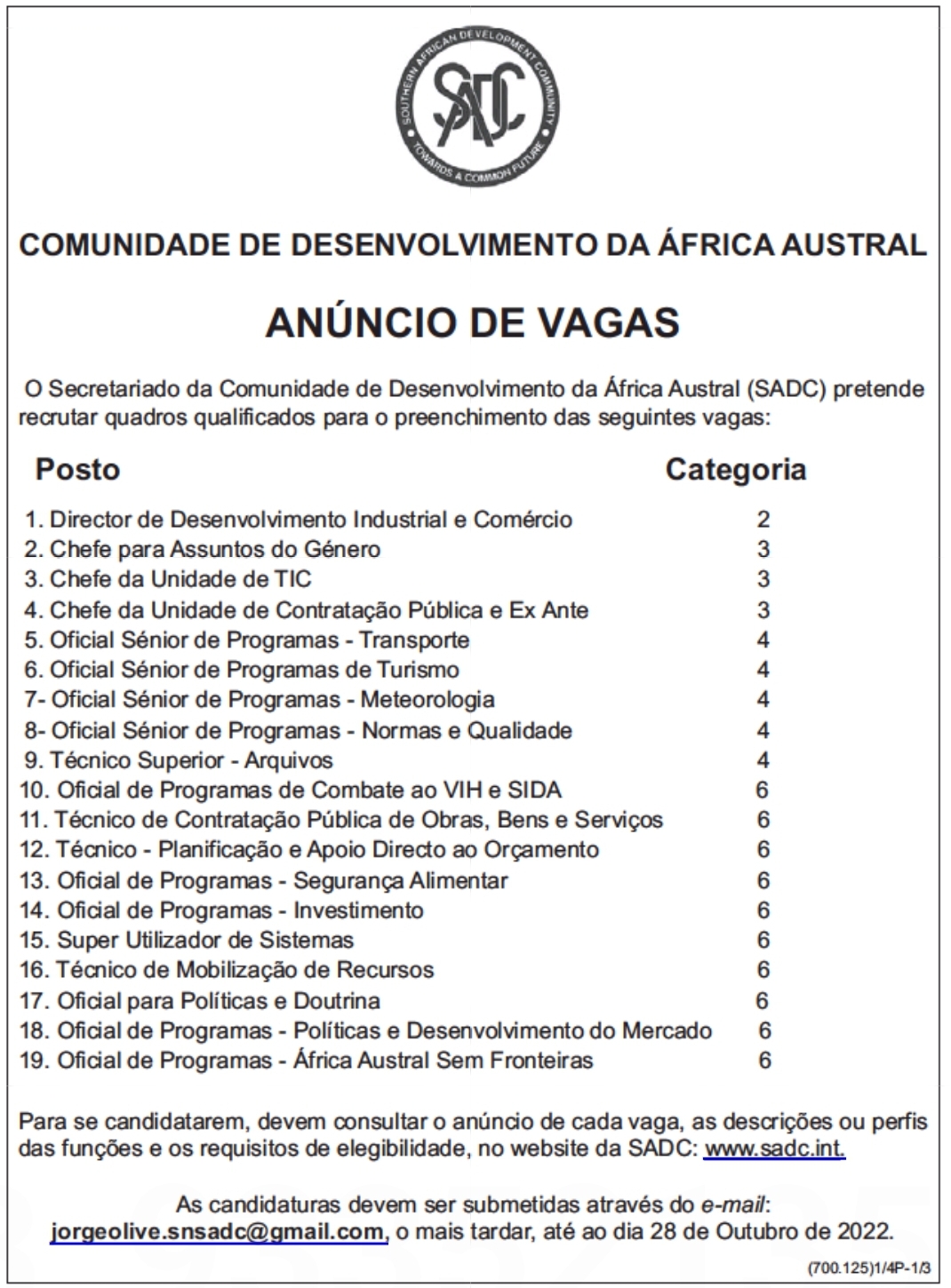 Várias vagas na Comunidade de Desenvolvimento da África Austral (SADC)