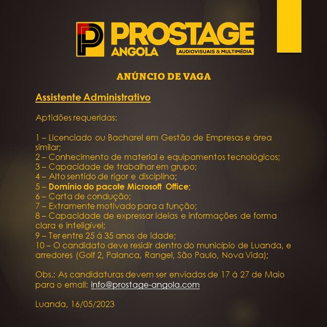 OPORTUNIDADE PARA ASSISTENTE ADMINISTRATIVO 
