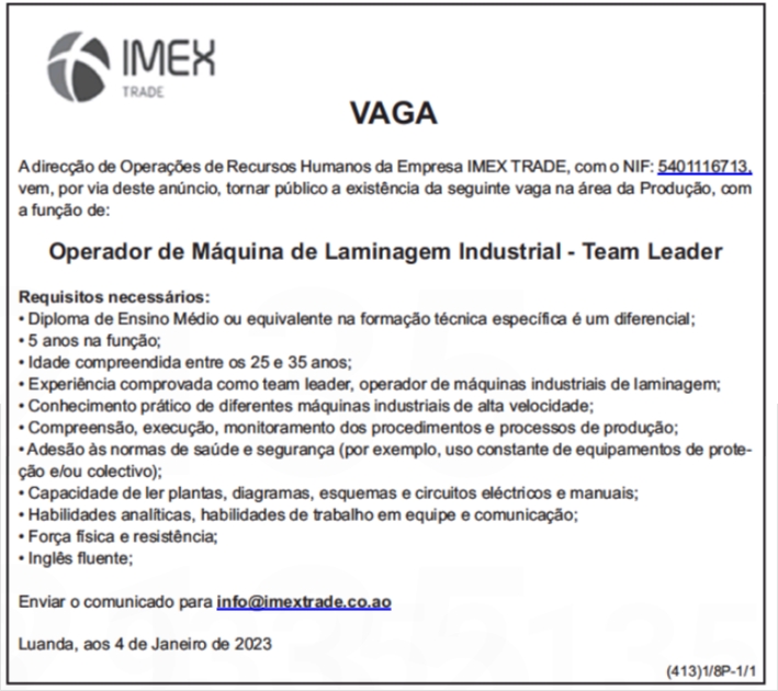 Vaga para Operador de Máquina de Laminagem Industrial - Team Leader 