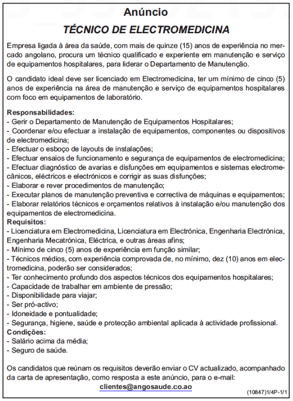 Vaga para Técnico de Electromedicina