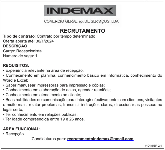 Vaga para Recepcionista na INDEMAX