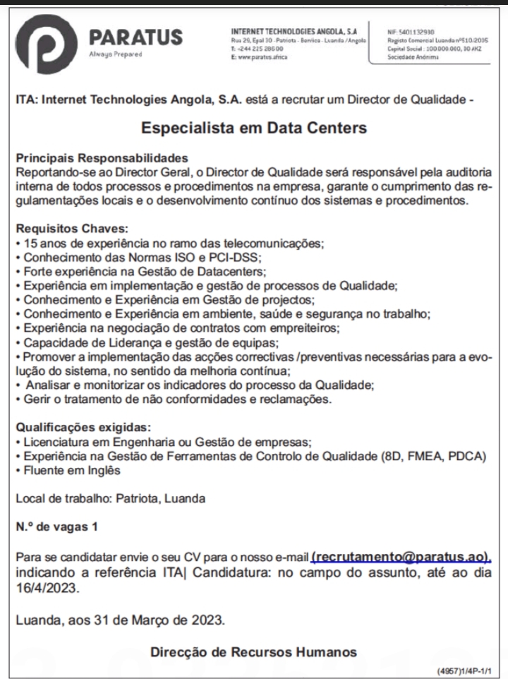 Vaga para um(1) Especialista em Data Centers 