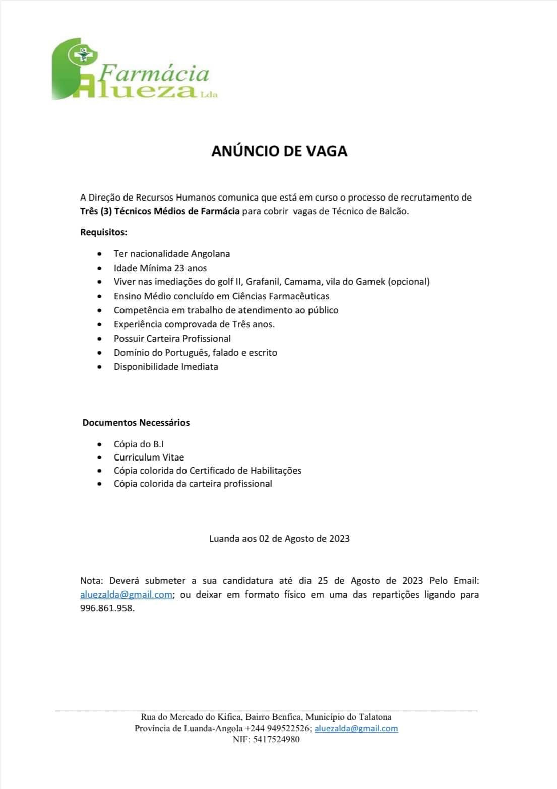 Recrutamento de Três (3) Técnicos Médios de Farmácia para cobrir vagas de Técnico de Balcão