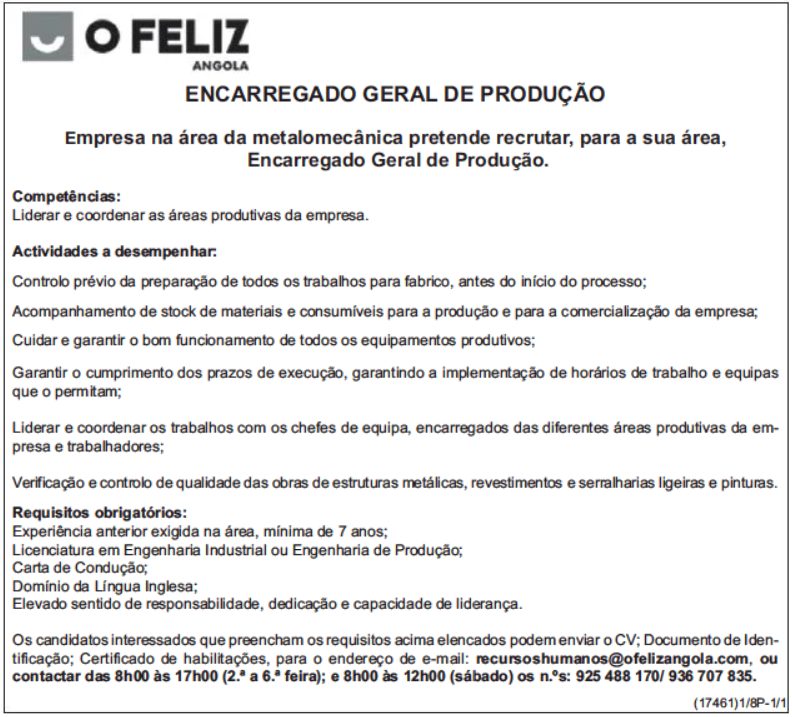VAGA PARA ENCARREGADO GERAL DE PRODUÇÃO