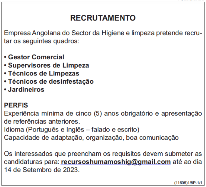 Empresa de Higiene e Limpeza Recruta em Várias Áreas