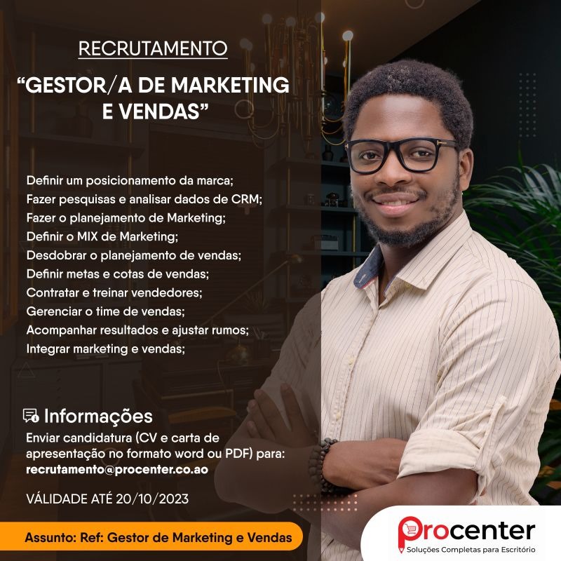 VAGA PARA GESTOR/A DE MARKETING E VENDAS