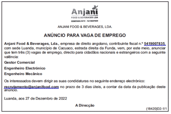 TRÊS (3) VAGAS DISPONÍVEIS NA ANJANI FOOD & BEVERAGES-LDA