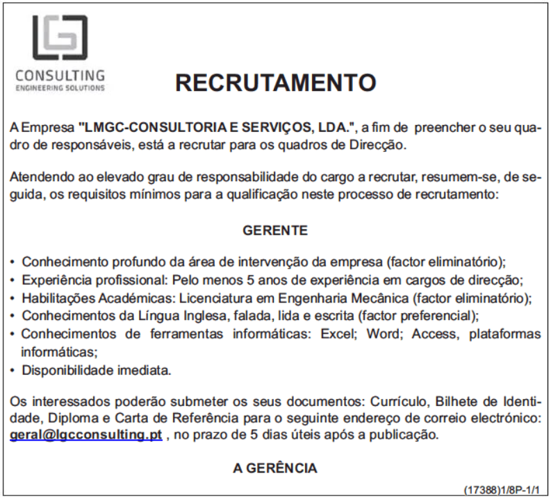 VAGA NA ÁREA DE DIRECÇÃO (GERENTE)