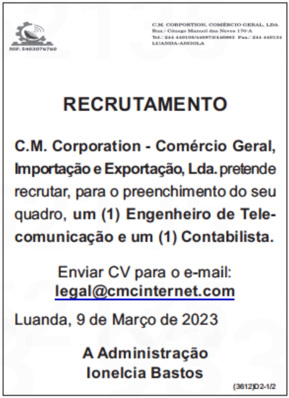 Vaga para Engenheiro de Telecomunicação & Contabilista  