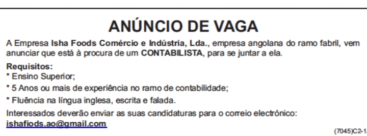 VAGA PARA UM(1) CONTABILISTA