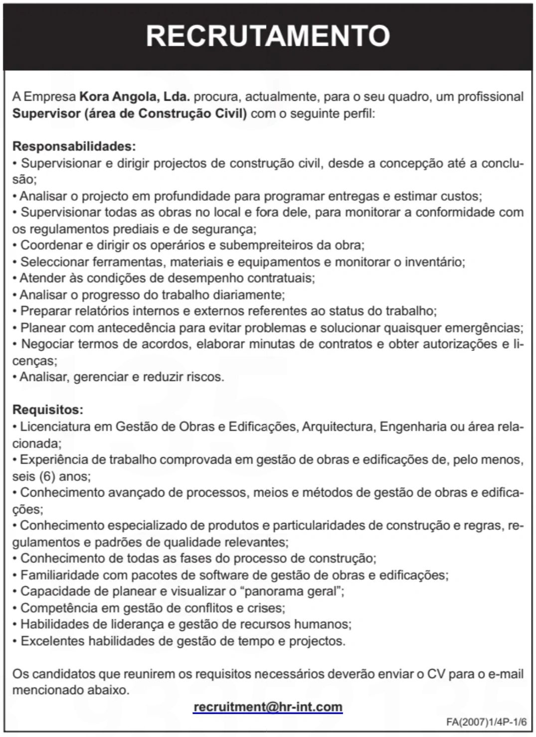 Vaga para Supervisor (área de Construção Civil) 
