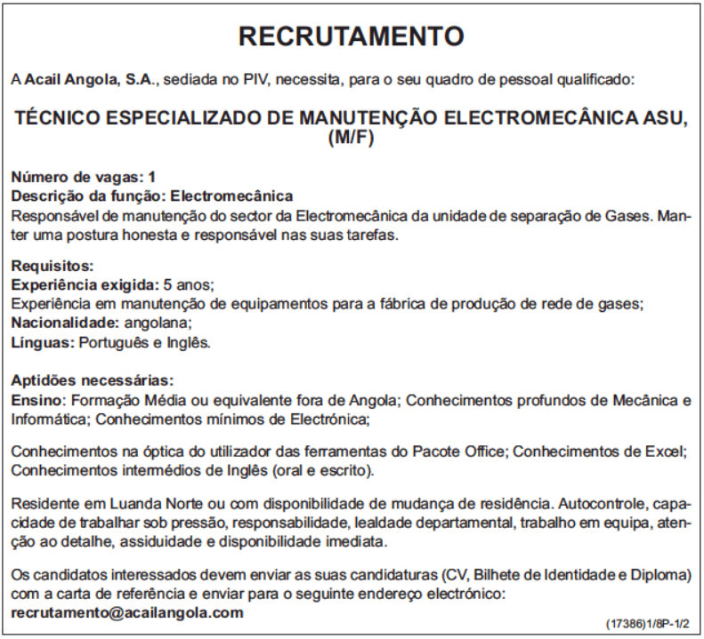 UMA (1) VAGA DISPONÍVEL PARA TÉCNICO ESPECIALIZADO DE MANUTENÇÃO ELECTROMECÂNICA ASU, (M/F)