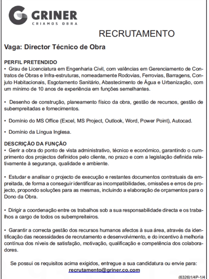 VAGA PARA DIRECTOR TÉCNICO DE OBRA 