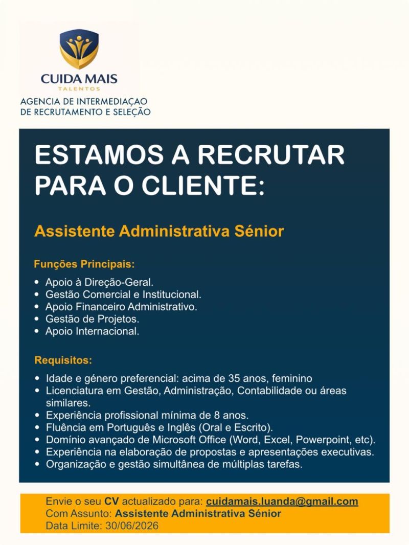Vaga para ​Assistente Administrativa Sénior