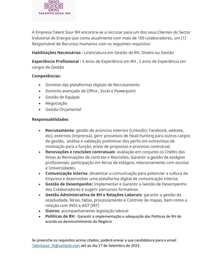 Vaga para um (1) Responsável de Recursos Humanos