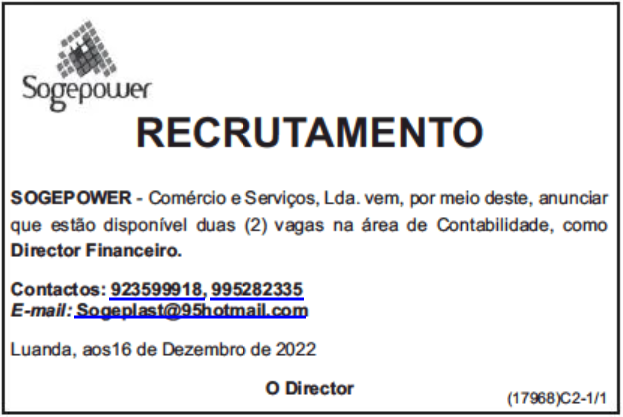 DUAS (2) VAGAS DISPONÍVEIS NA ÁREA DE CONTABILIDADE