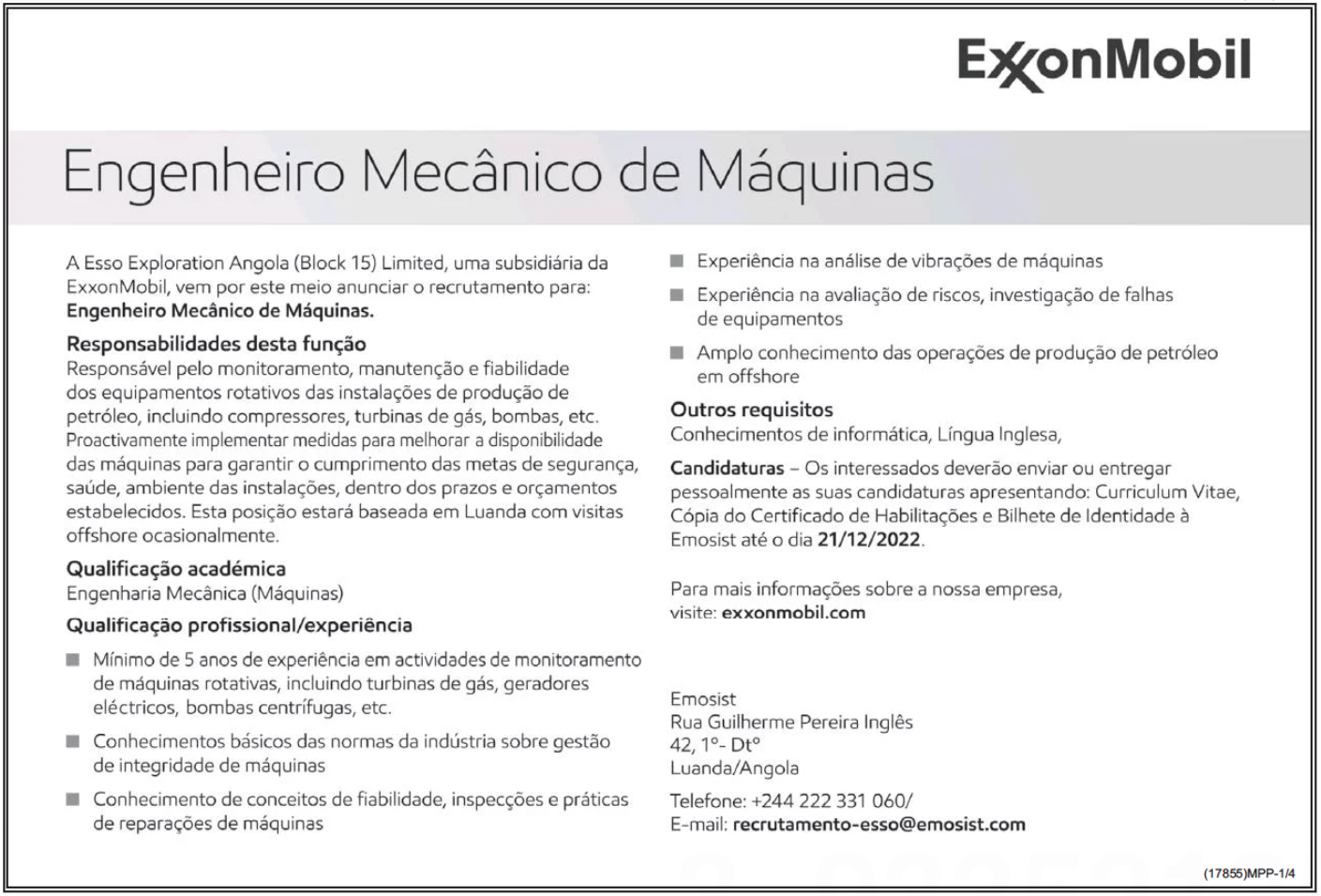 VAGA PARA ENGENHEIRO MECÂNICO DE MÁQUINAS 