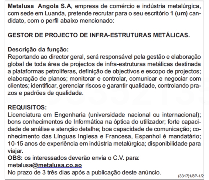 VAGA PARA GESTOR DE PROJECTO DE INFRA-ESTRUTURAS METÁLICAS