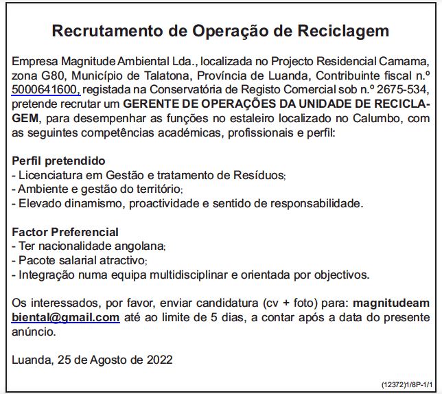 RECRUTAMENTO DE OPERAÇÃO DE RECICLAGEM