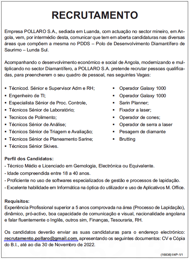 DEZASSETE (17) VAGAS NA POLLARO S.A. (SECTOR MINEIRO)