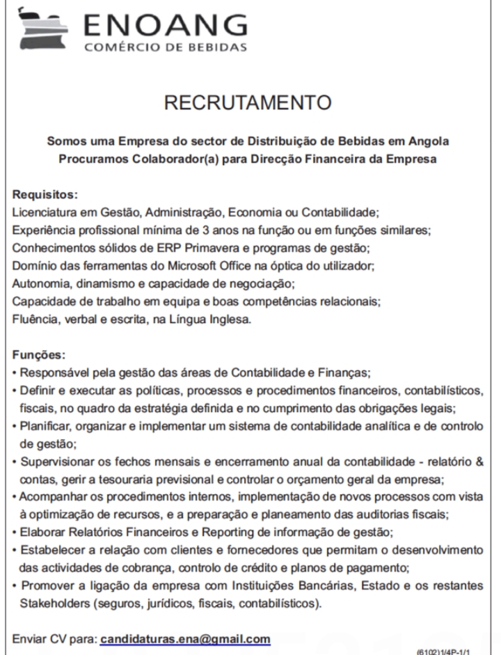 Precisa-se de Colaborador(a) para Direcção Financeira da Empresa