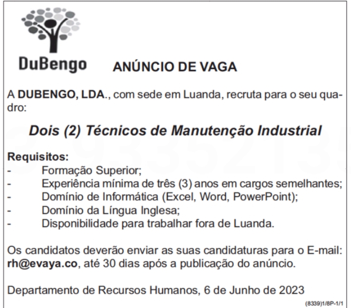 Vaga para Dois (2) Técnicos de Manutenção Industrial
