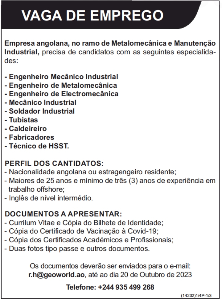 Aberta nove(9) vagas em uma empresa ligada ao ramo de Metalomecânica e Manutenção Industrial  