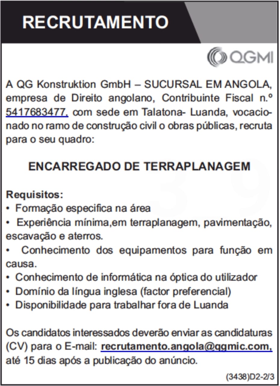 VAGA PARA ENCARREGADO DE TERRAPLANAGEM