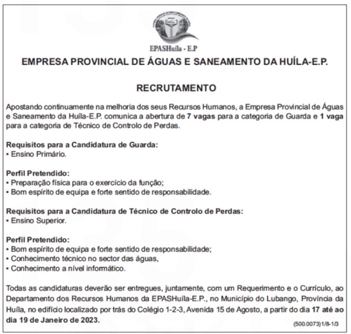 SETE (7) VAGAS DISPONÍVEIS NA EMPRESA PROVINCIAL DE ÁGUAS E SANEAMENTO DA HUILA -E.P