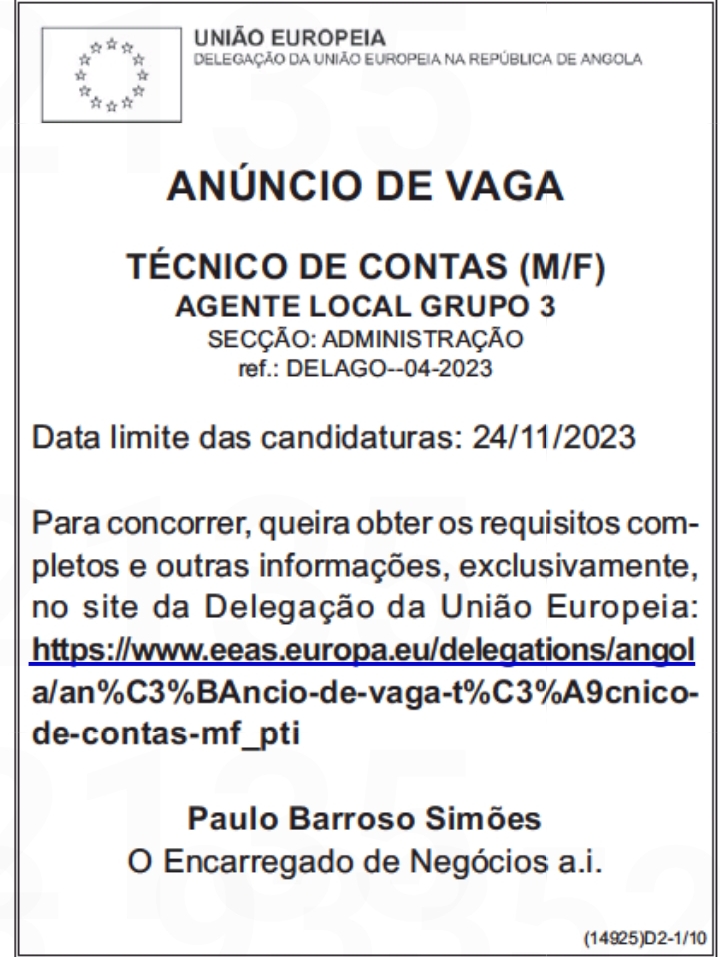 VAGA PARA TÉCNICO DE CONTAS (M/F) 
