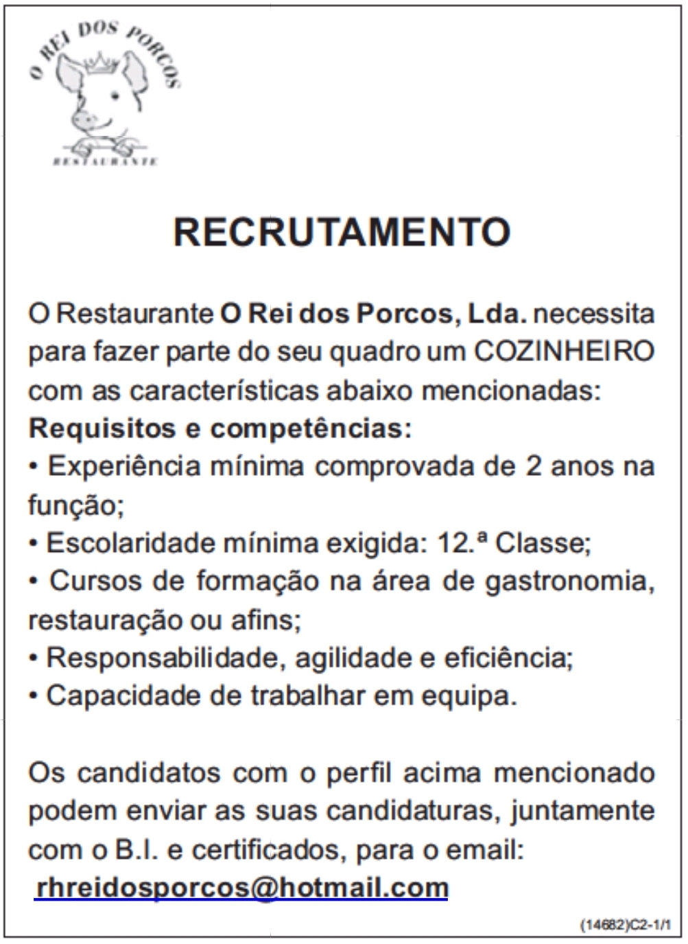 VAGA PARA COZINHEIRO (A)