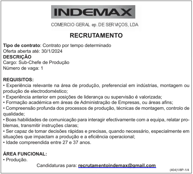 Vaga para Sub-Chefe de Produção na INDEMAX
