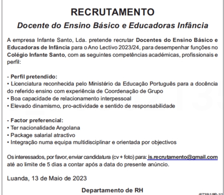 Recrutamento para Docente do Ensino Básico e Educadoras de Infância 