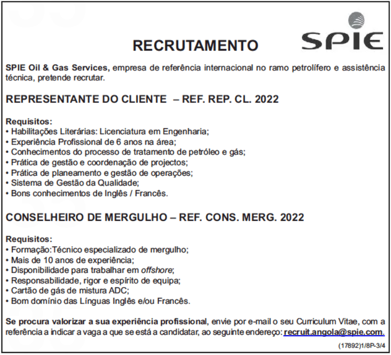 DUAS (2) VAGAS DISPONÍVEIS NA SPIE OIL  & GAS SERVICES  