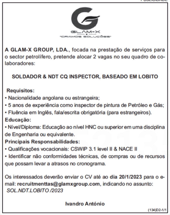 DUAS (2) VAGAS DISPONÍVEIS NA GLAM-X GROUP- LDA