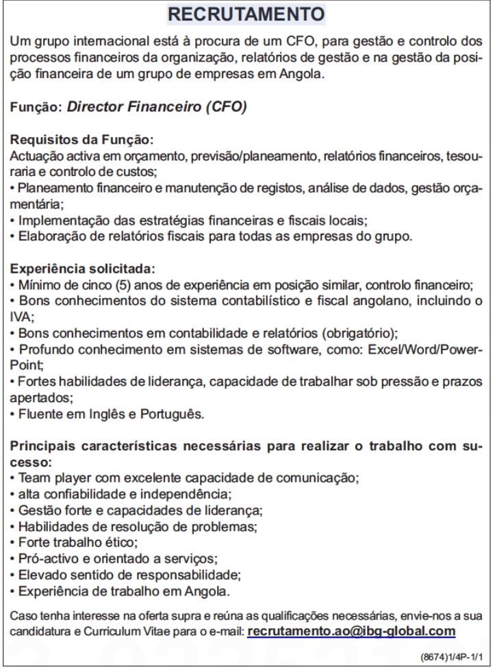 Vaga para Director Financeiro (CFO) 