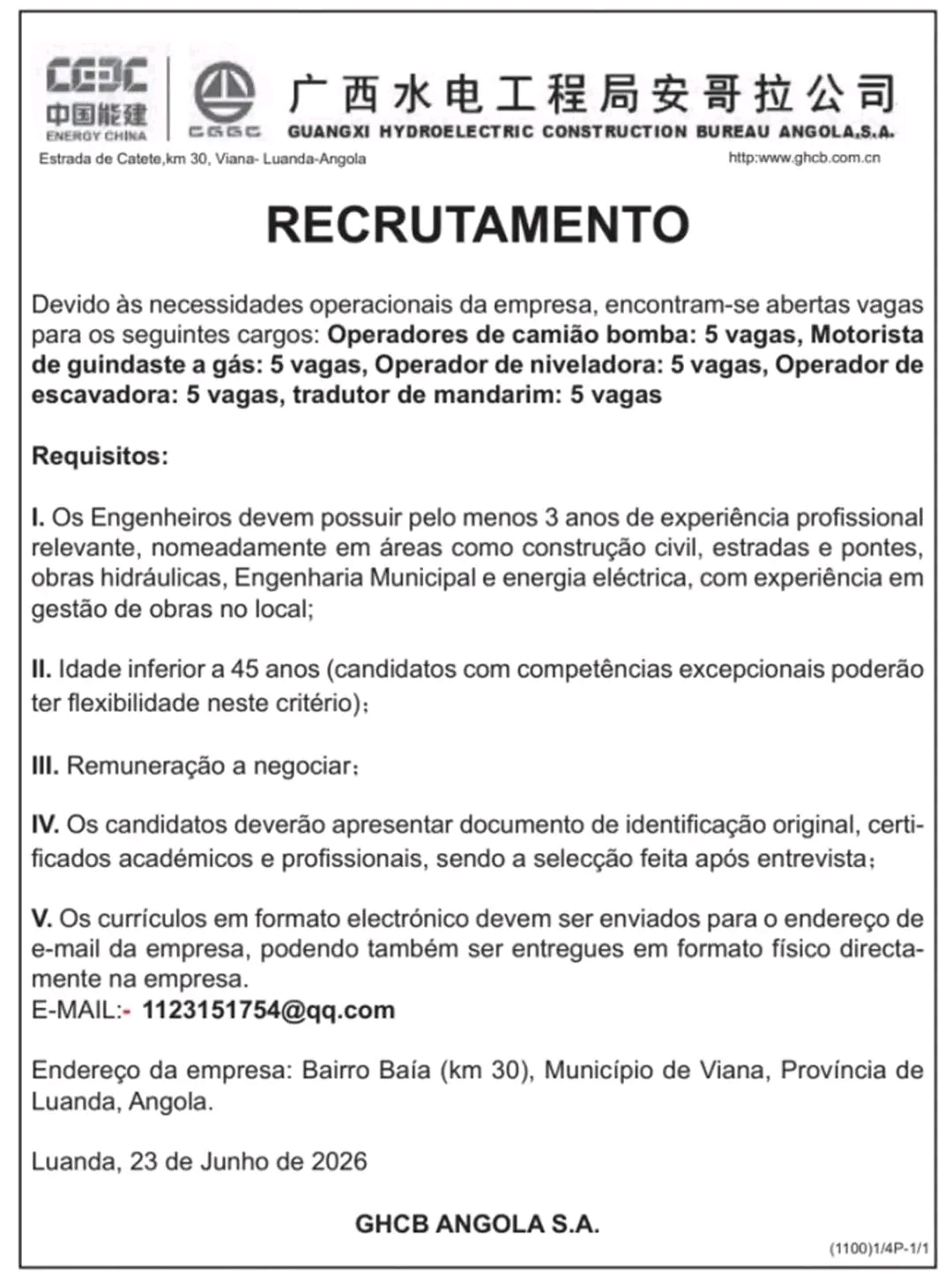 Vaga para Operador, Motorista e Tradutor (Várias Vagas)
